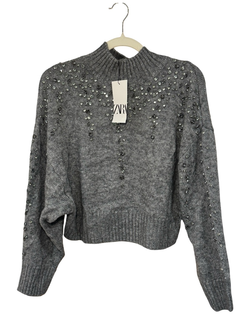 Zara Gray Embellished Cropped Turtleneck Sweater